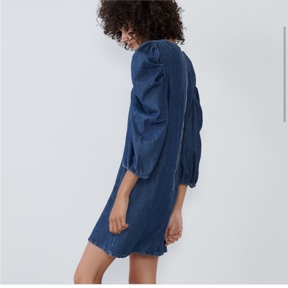 ZARA Denim Paneled V-neck Mini Dress With Puffed Sleeves - Picture 3 of 12